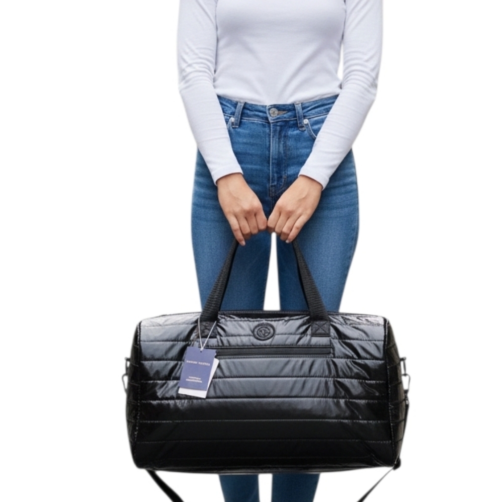 Adrienne Vittadini Black Quilted Nylon Duffle Travel Overnight Bag